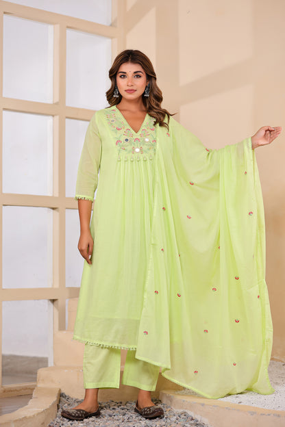 Green Fabric Mall Cotton Kurti Pant Dupatta 3Pcs Set