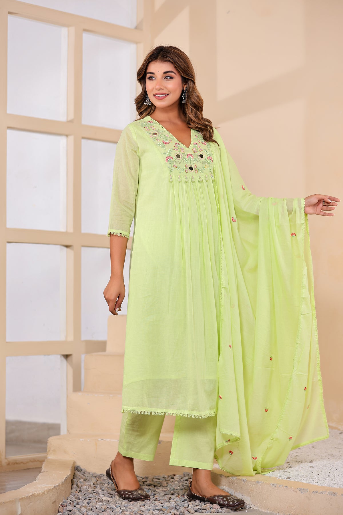 Green Fabric Mall Cotton Kurti Pant Dupatta 3Pcs Set