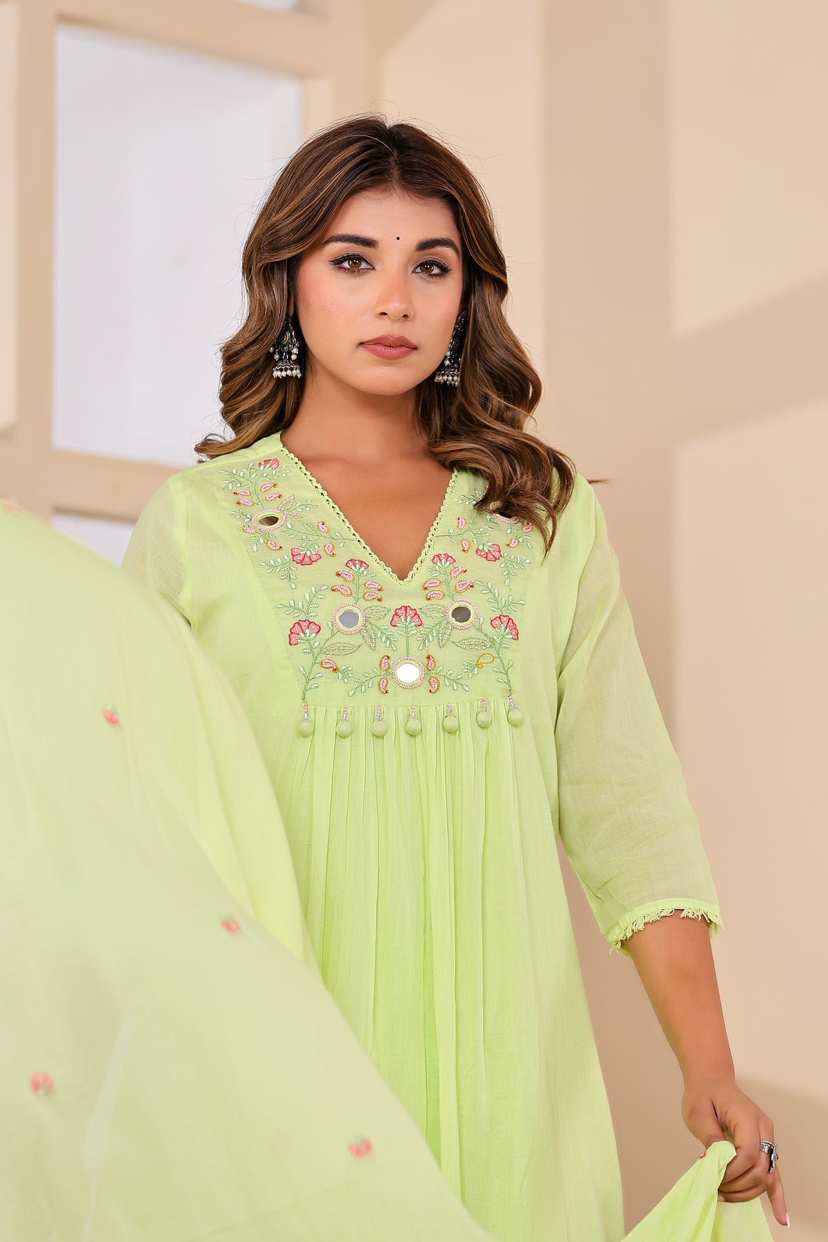 Green Fabric Mall Cotton Kurti Pant Dupatta 3Pcs Set