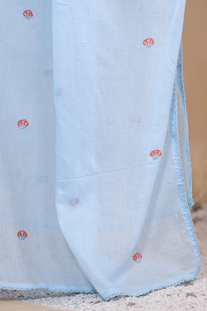 Sky blue Fabric Mall Cotton Kurti Pant Dupatta 3Pcs Set