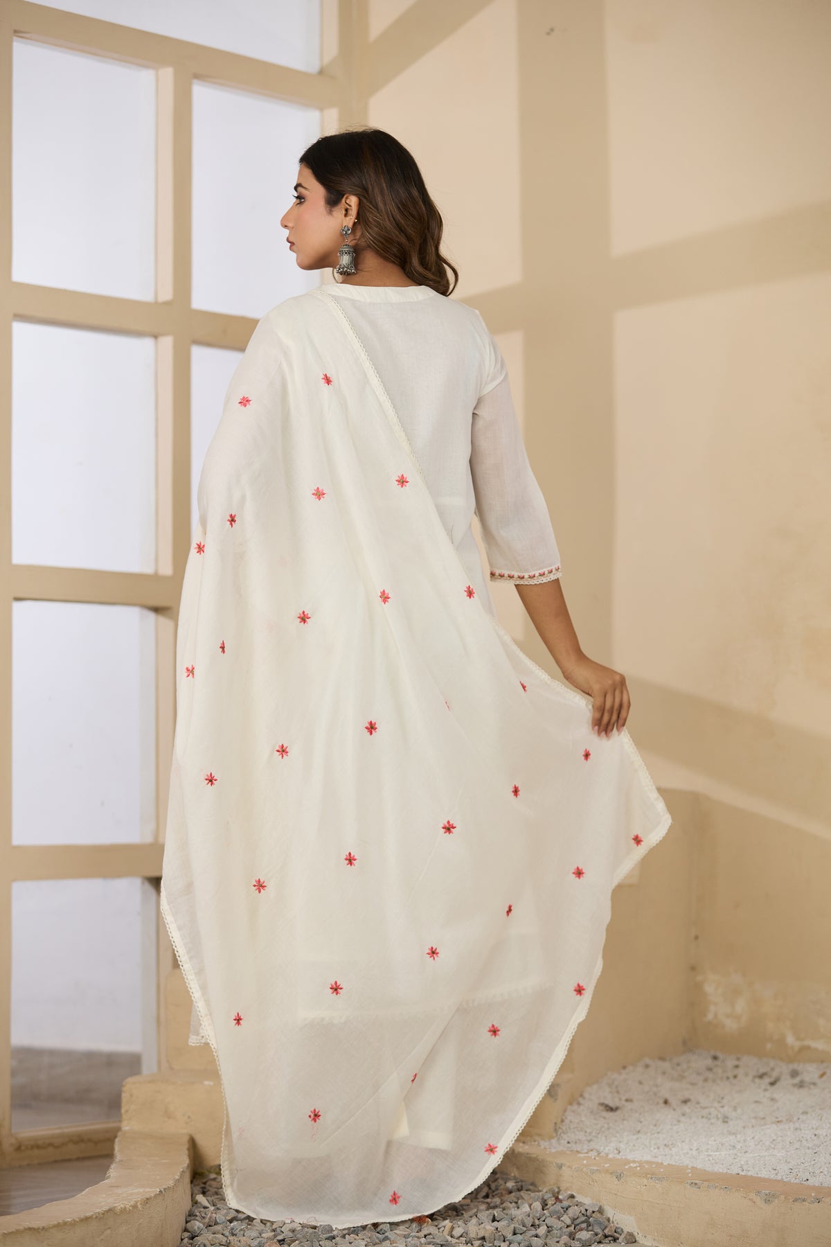 Cream Fabric Mall Cotton Kurti Plazo Dupatta 3Pcs Set