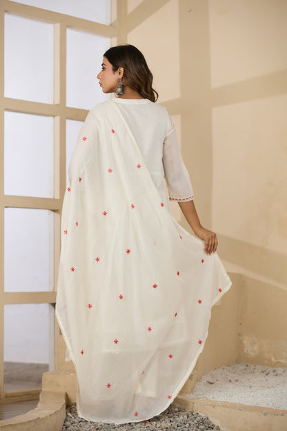 Cream Fabric Mall Cotton Kurti Plazo Dupatta 3Pcs Set