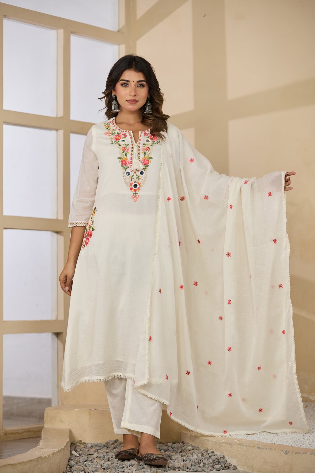 Cream Fabric Mall Cotton Kurti Plazo Dupatta 3Pcs Set