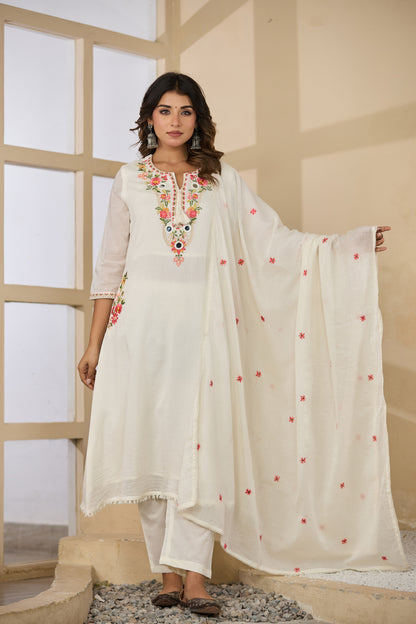 Cream Fabric Mall Cotton Kurti Plazo Dupatta 3Pcs Set