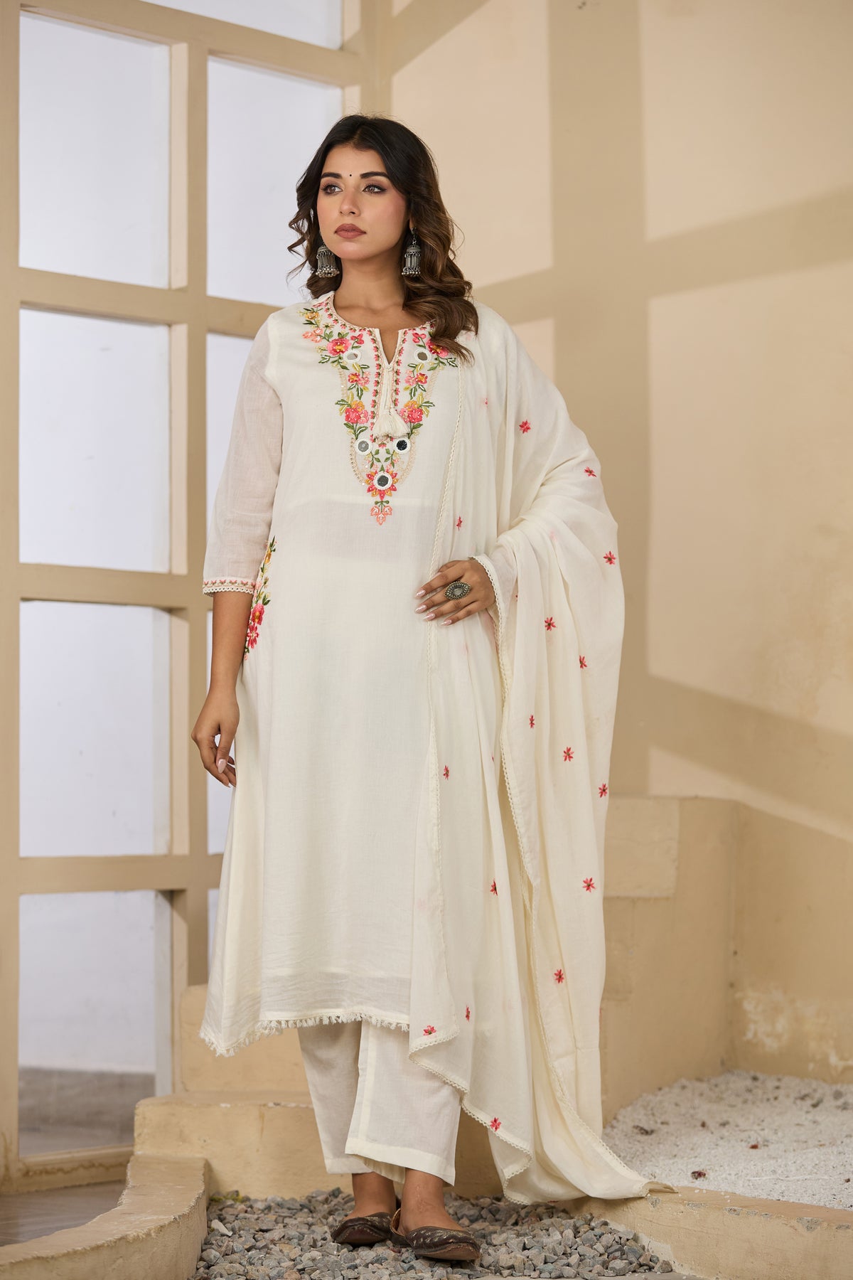 Cream Fabric Mall Cotton Kurti Plazo Dupatta 3Pcs Set