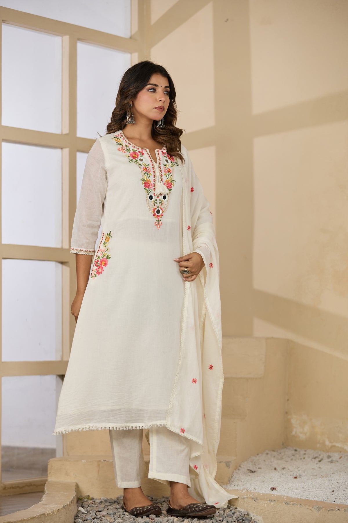Cream Fabric Mall Cotton Kurti Plazo Dupatta 3Pcs Set