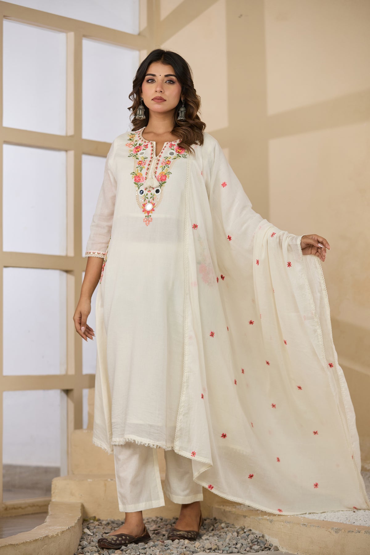 Cream Fabric Mall Cotton Kurti Plazo Dupatta 3Pcs Set