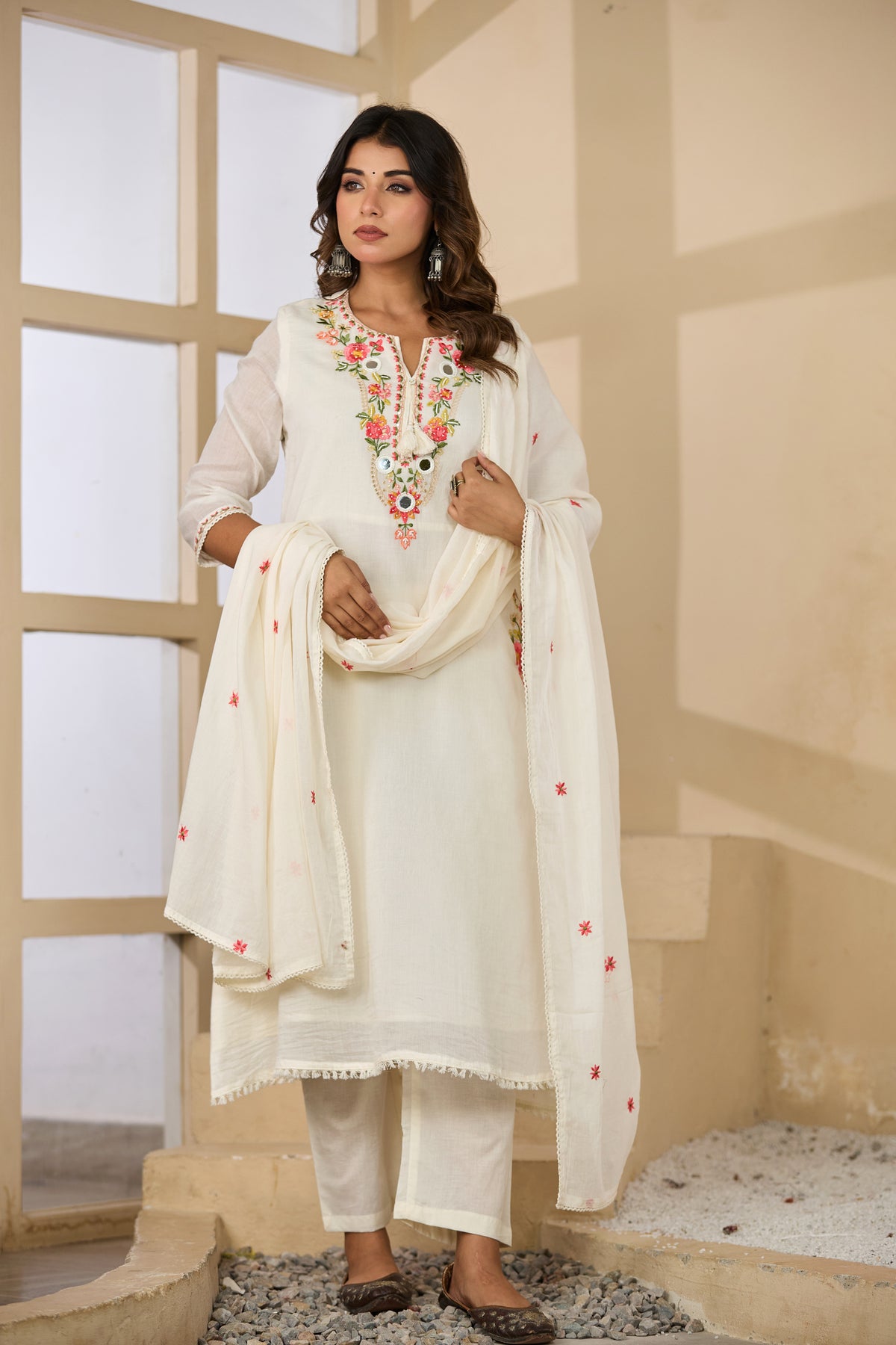 Cream Fabric Mall Cotton Kurti Plazo Dupatta 3Pcs Set