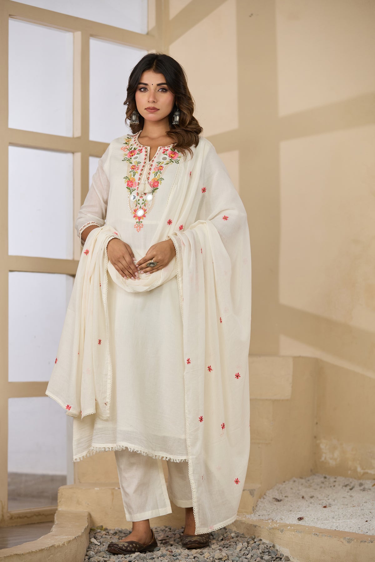 Cream Fabric Mall Cotton Kurti Plazo Dupatta 3Pcs Set