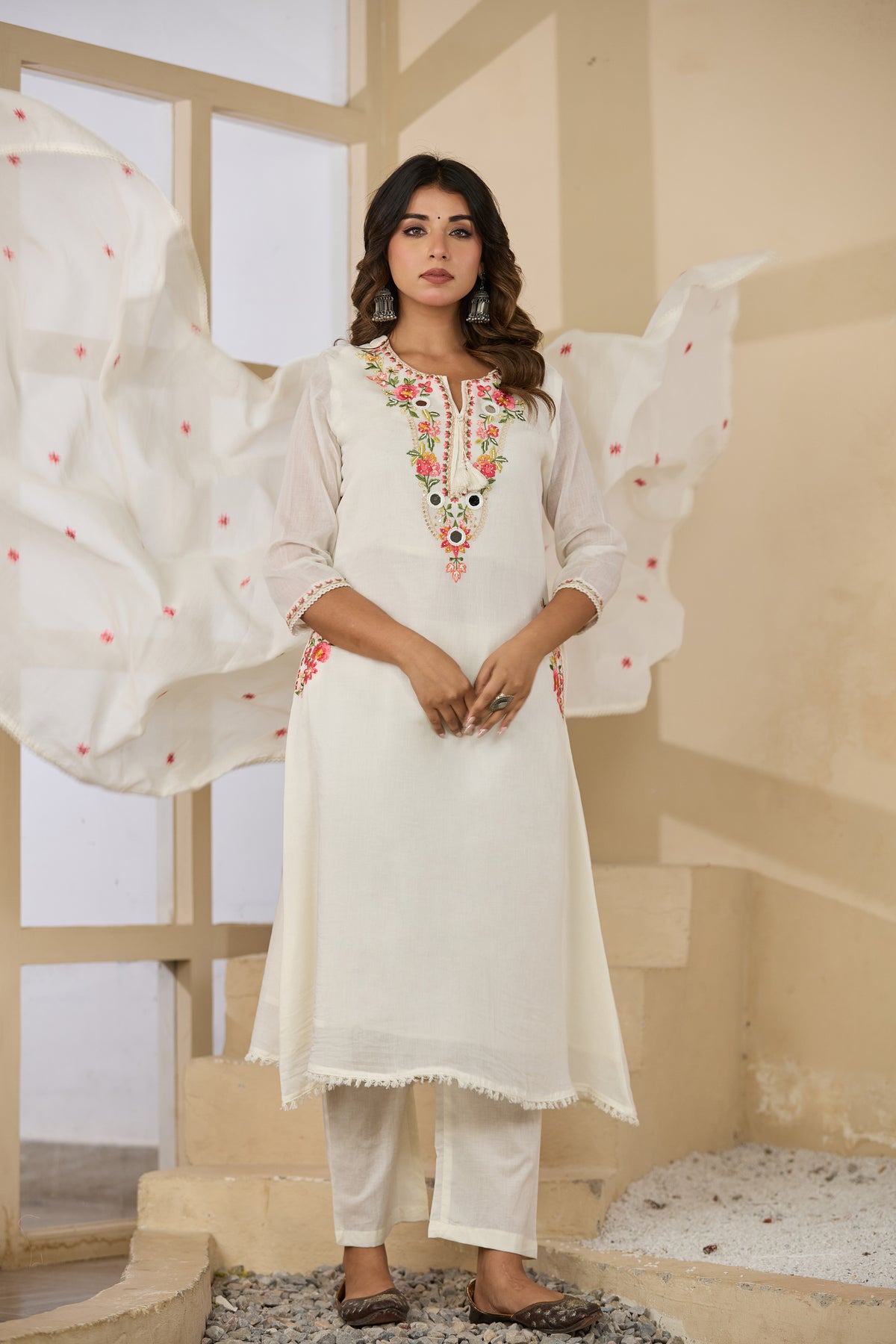 Cream Fabric Mall Cotton Kurti Plazo Dupatta 3Pcs Set