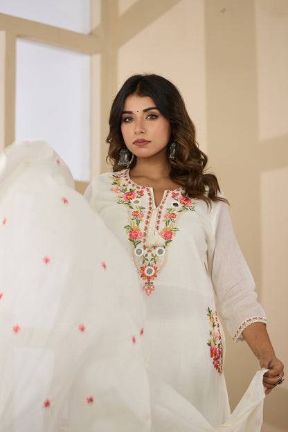 Cream Fabric Mall Cotton Kurti Plazo Dupatta 3Pcs Set