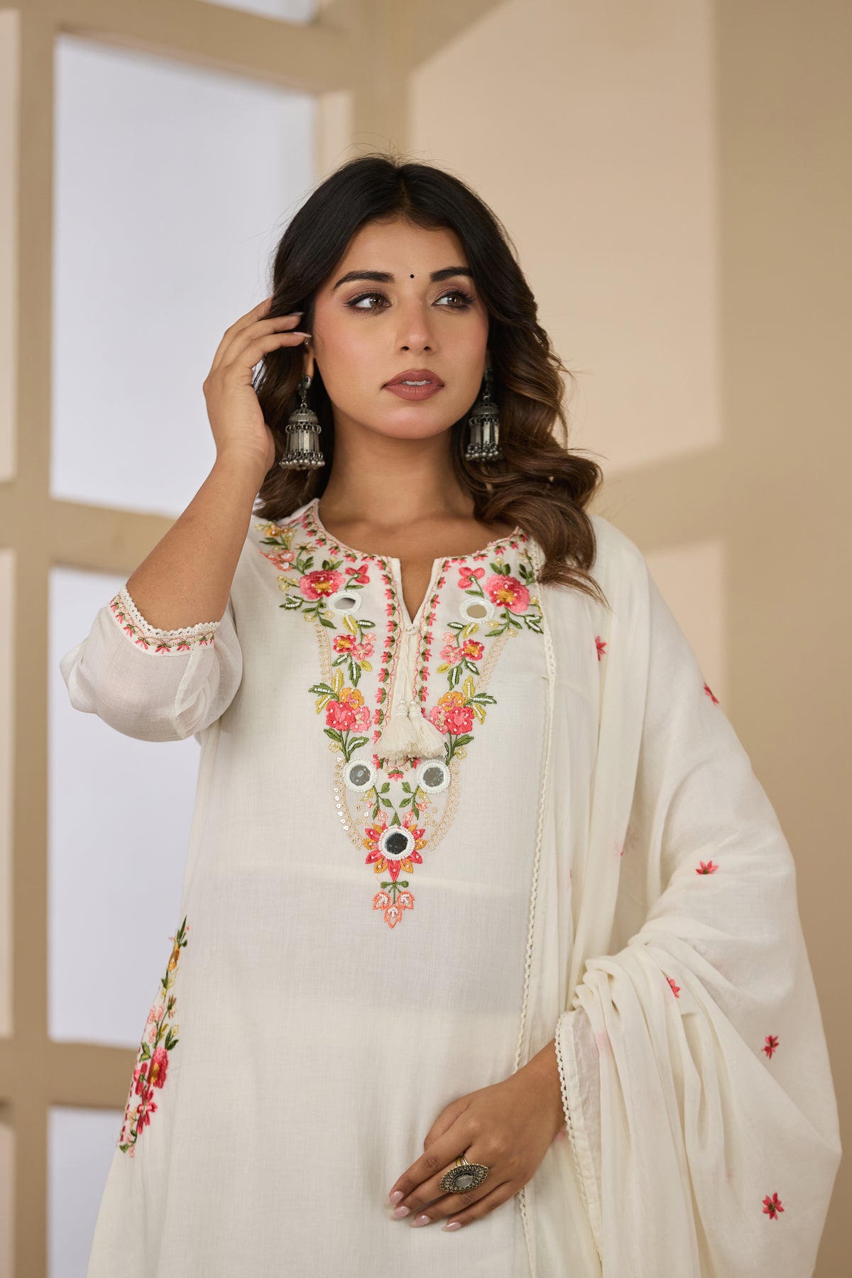 Cream Fabric Mall Cotton Kurti Plazo Dupatta 3Pcs Set