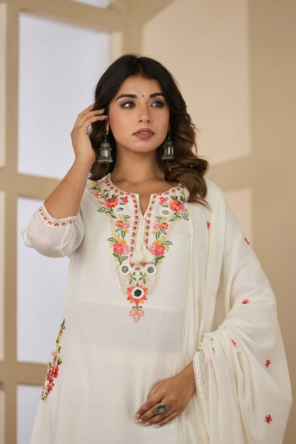 Cream Fabric Mall Cotton Kurti Plazo Dupatta 3Pcs Set