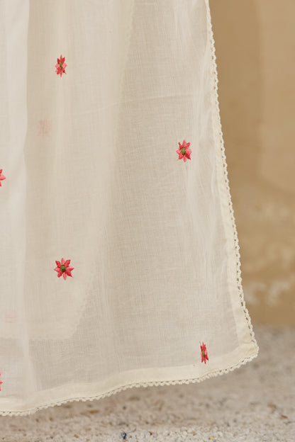 Cream Fabric Mall Cotton Kurti Plazo Dupatta 3Pcs Set