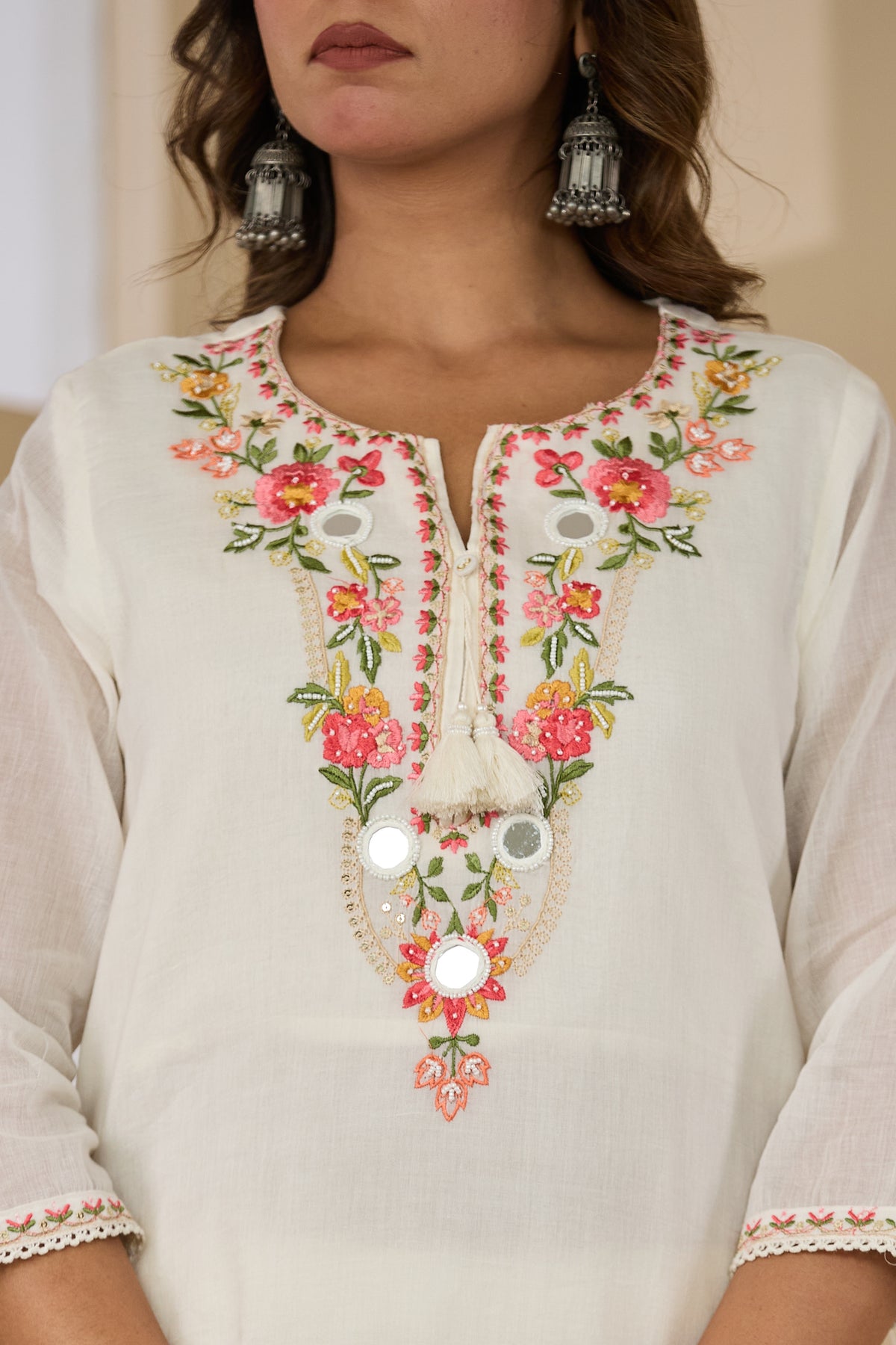 Cream Fabric Mall Cotton Kurti Plazo Dupatta 3Pcs Set