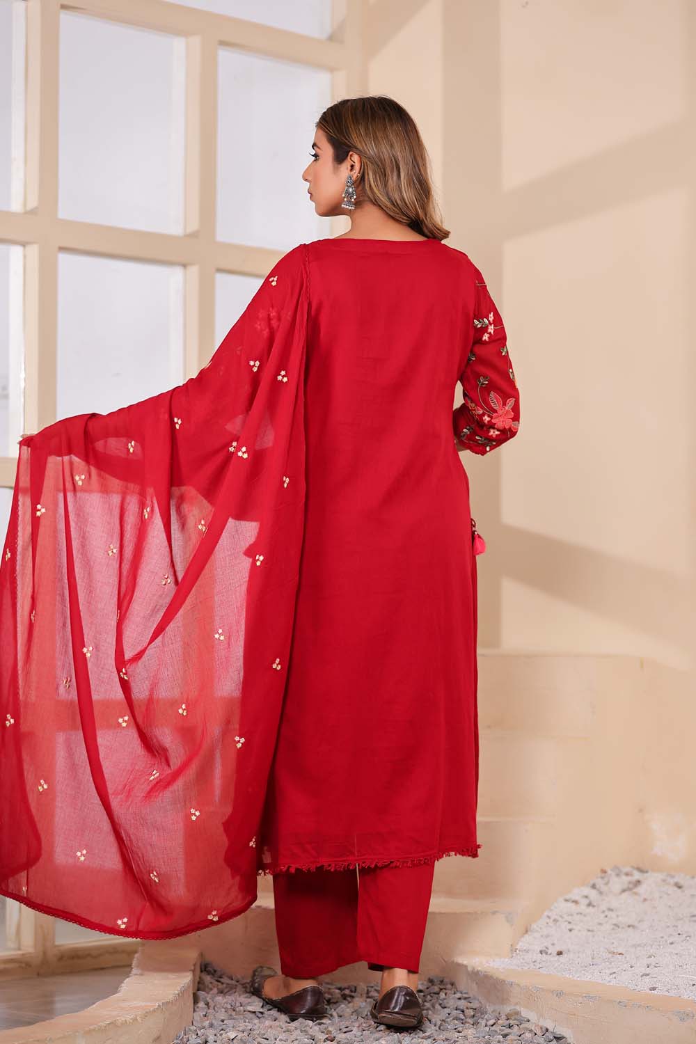 Maron Fabric Mall Cotton Kurti Plazo Dupatta 3Pcs Set