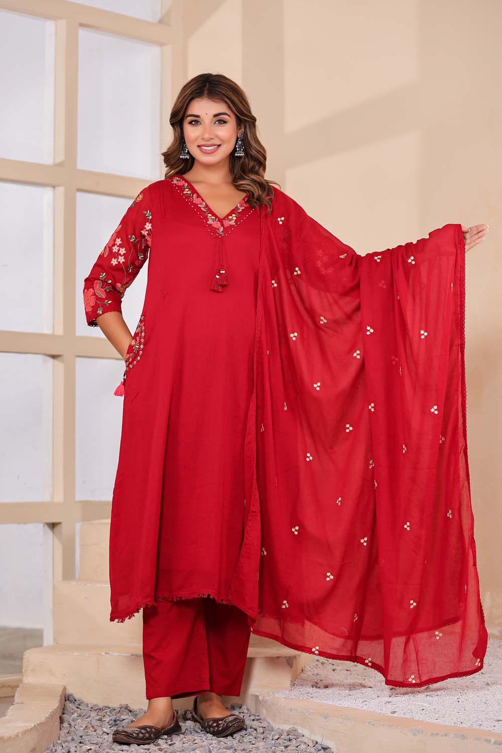 Maron Fabric Mall Cotton Kurti Plazo Dupatta 3Pcs Set