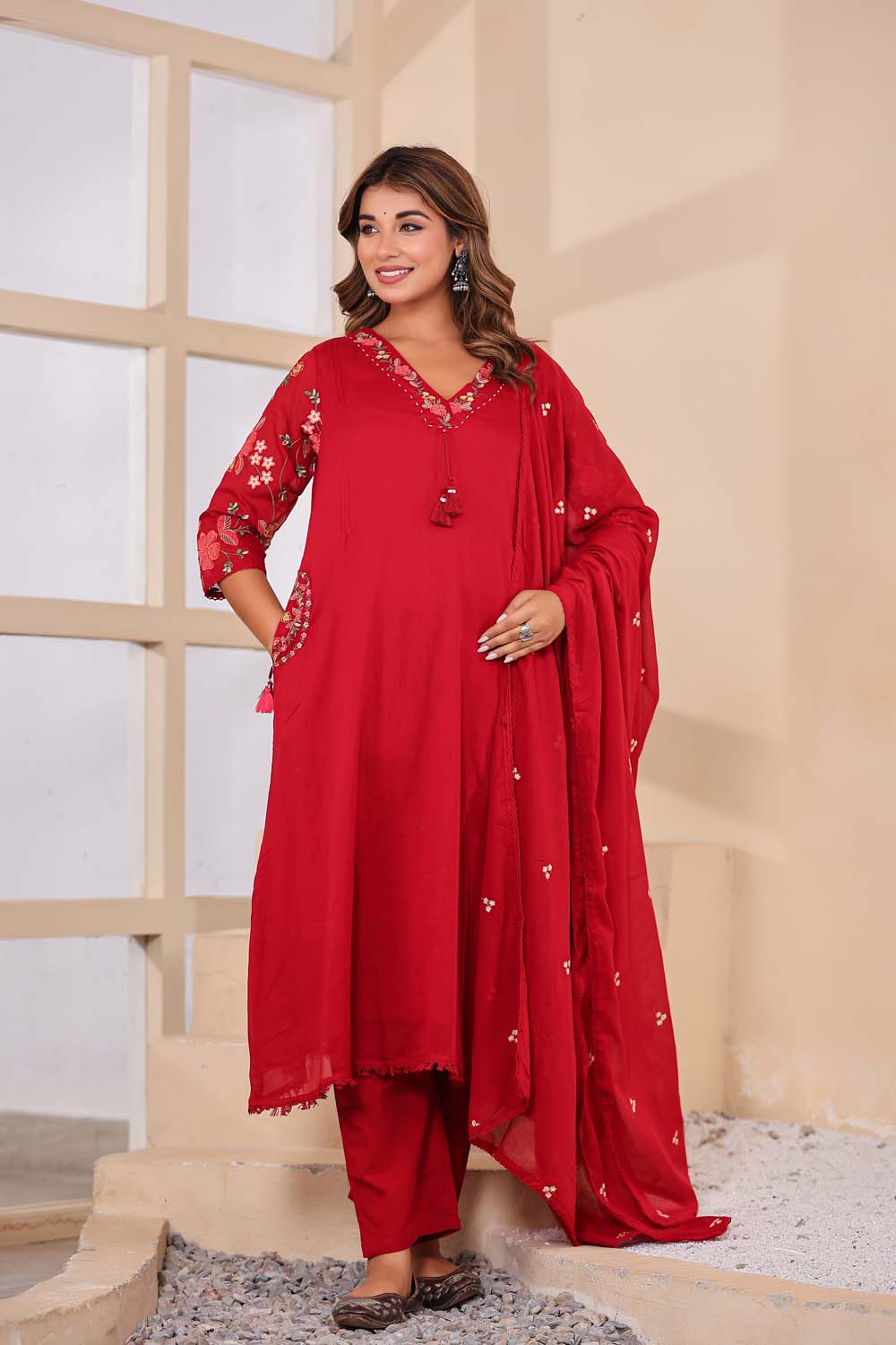Maron Fabric Mall Cotton Kurti Plazo Dupatta 3Pcs Set