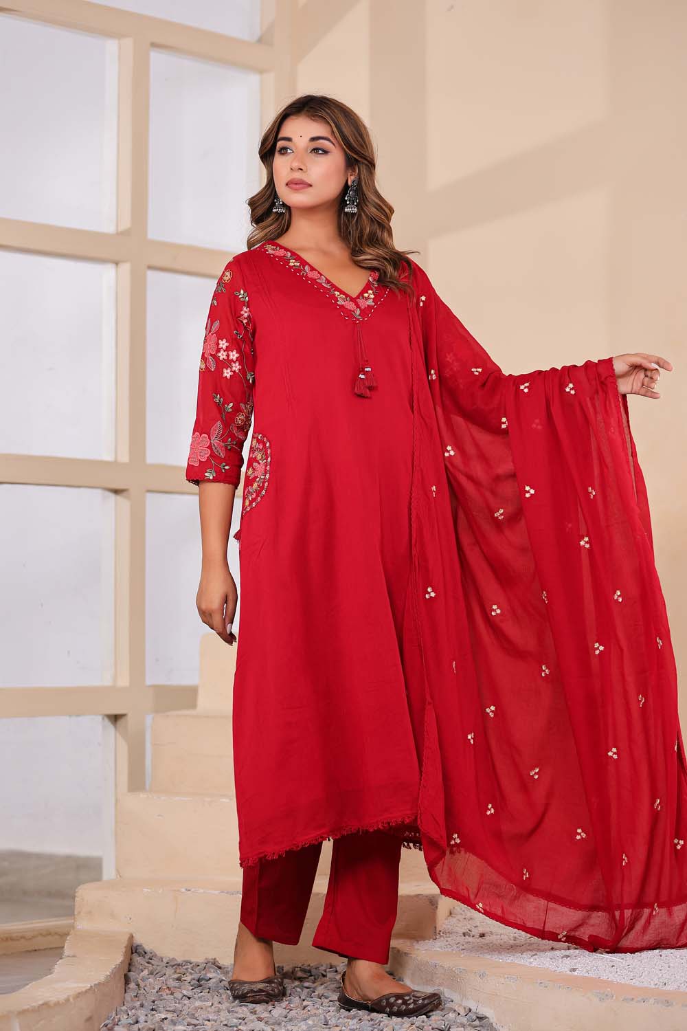 Maron Fabric Mall Cotton Kurti Plazo Dupatta 3Pcs Set