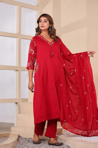 Maron Fabric Mall Cotton Kurti Plazo Dupatta 3Pcs Set