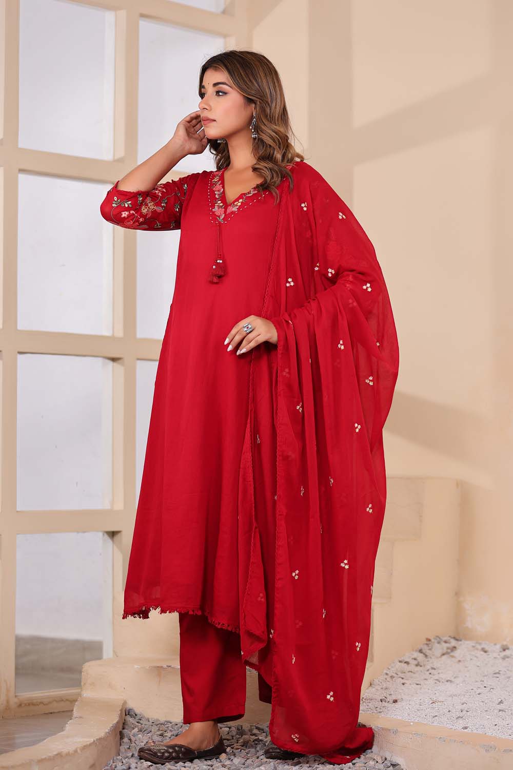 Maron Fabric Mall Cotton Kurti Plazo Dupatta 3Pcs Set
