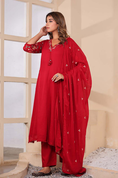 Maron Fabric Mall Cotton Kurti Plazo Dupatta 3Pcs Set