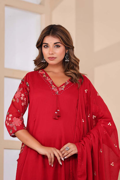 Maron Fabric Mall Cotton Kurti Plazo Dupatta 3Pcs Set
