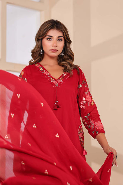 Maron Fabric Mall Cotton Kurti Plazo Dupatta 3Pcs Set