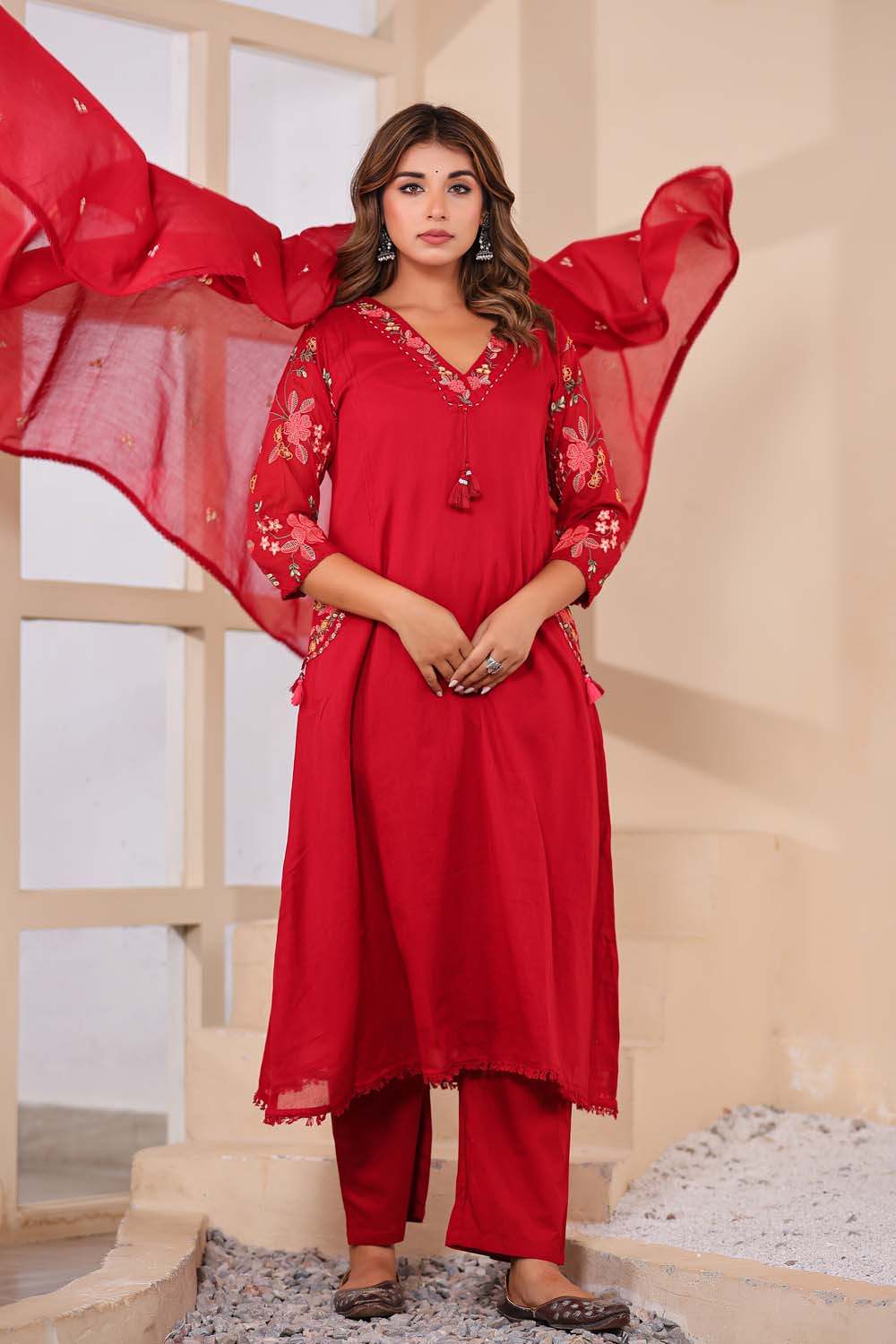 Maron Fabric Mall Cotton Kurti Plazo Dupatta 3Pcs Set