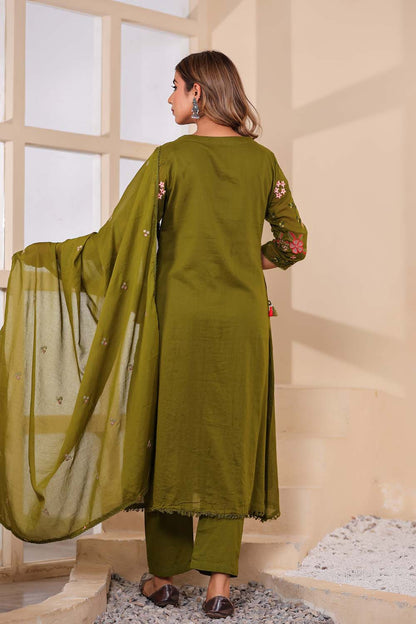 Mehandi Fabric Mall Cotton Kurti Plazo Dupatta 3Pcs Set