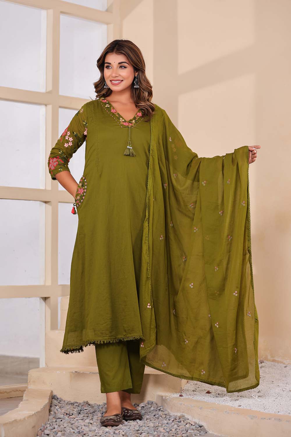 Mehandi Fabric Mall Cotton Kurti Plazo Dupatta 3Pcs Set