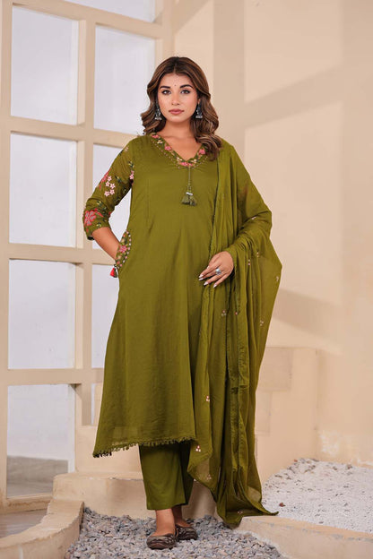 Mehandi Fabric Mall Cotton Kurti Plazo Dupatta 3Pcs Set