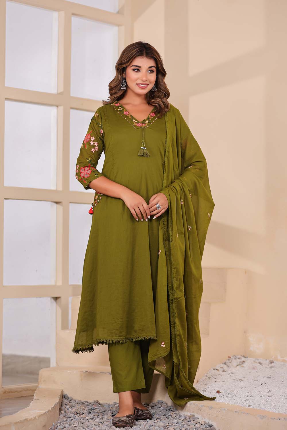 Mehandi Fabric Mall Cotton Kurti Plazo Dupatta 3Pcs Set