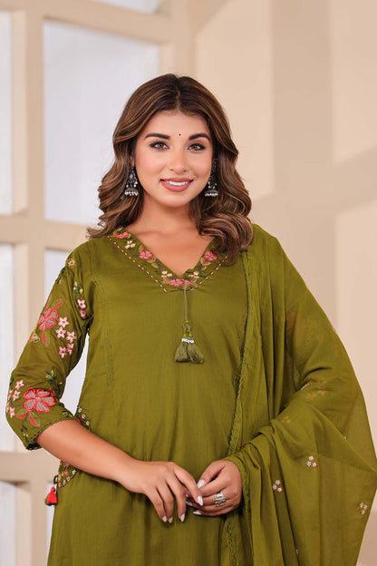 Mehandi Fabric Mall Cotton Kurti Plazo Dupatta 3Pcs Set
