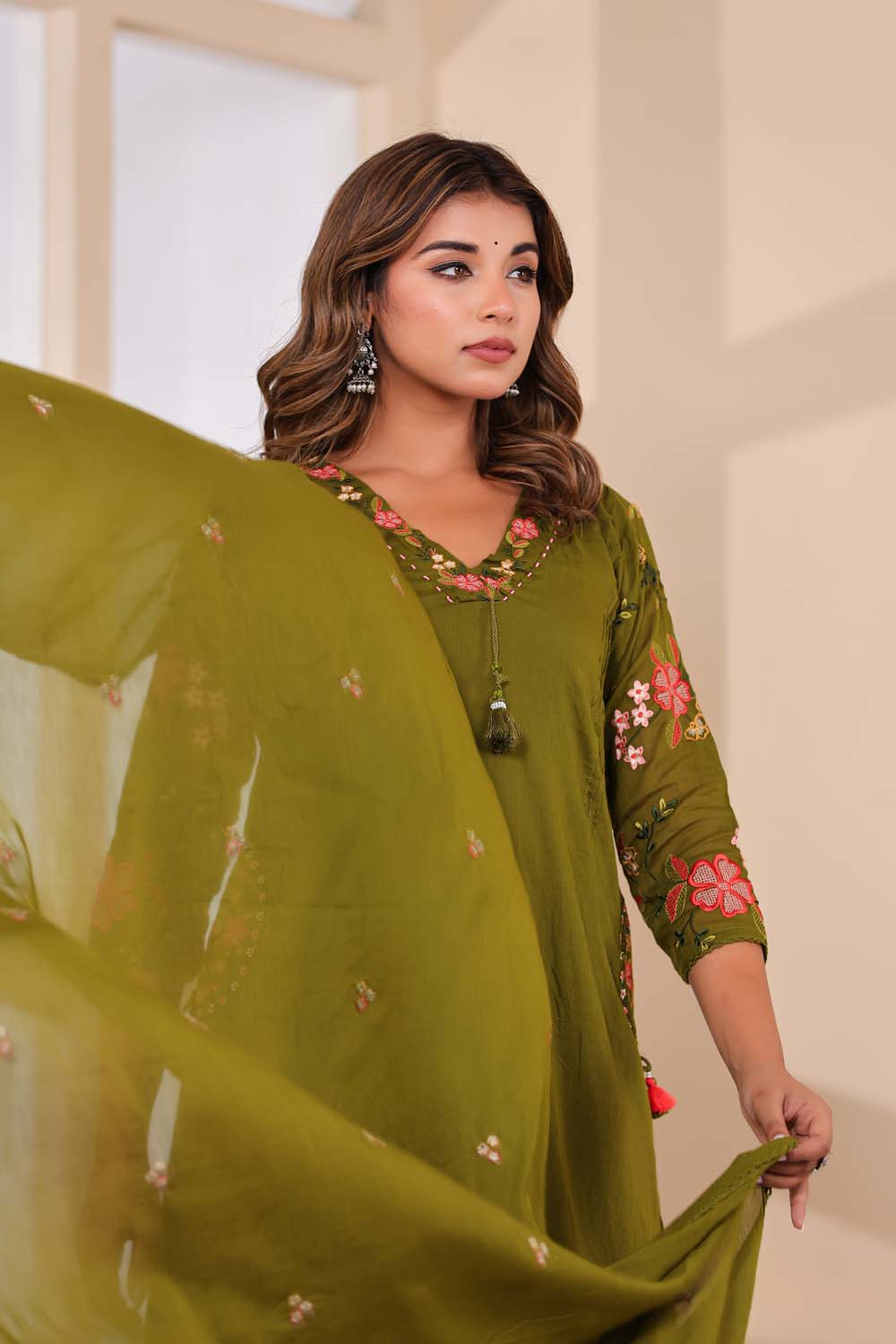 Mehandi Fabric Mall Cotton Kurti Plazo Dupatta 3Pcs Set