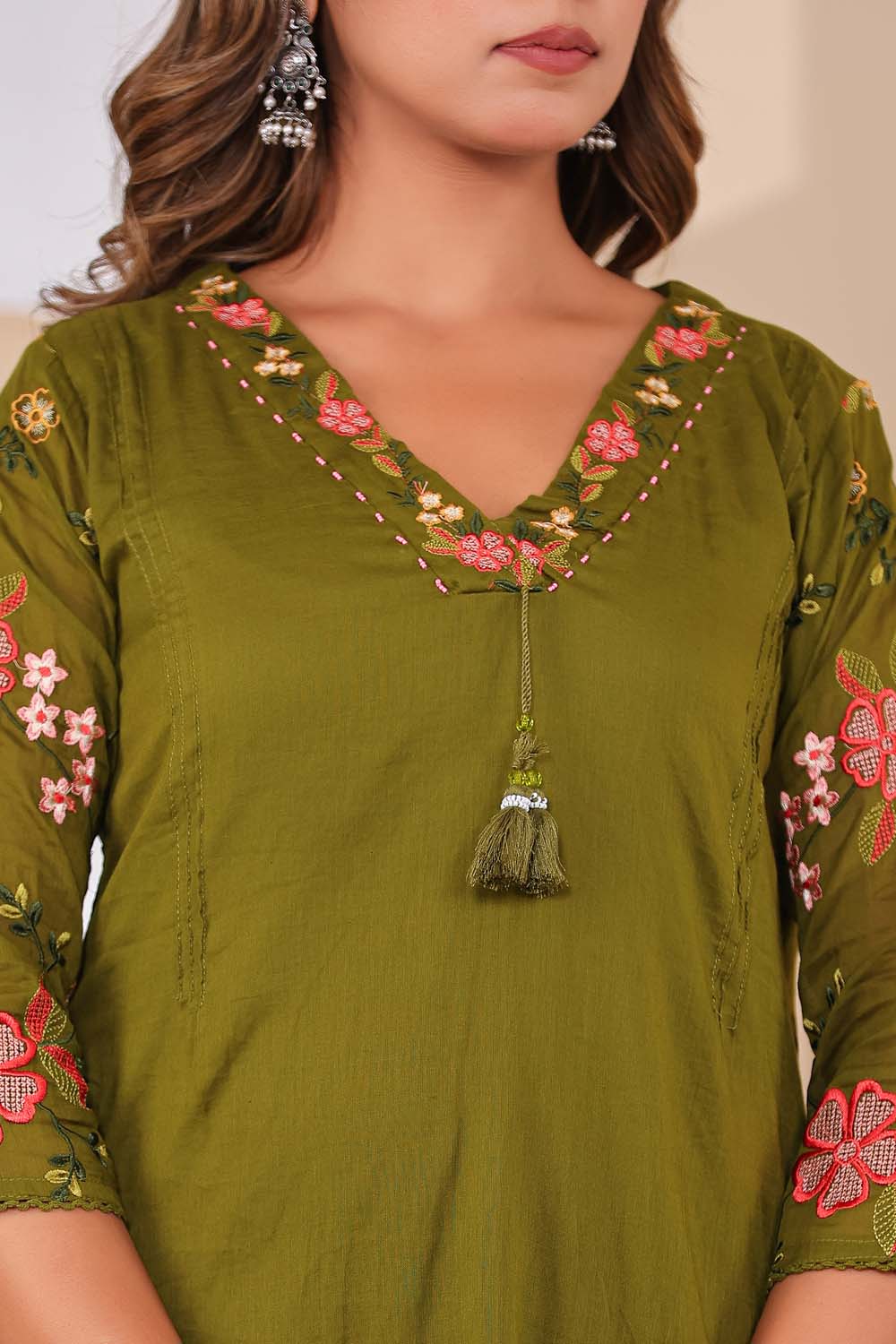 Mehandi Fabric Mall Cotton Kurti Plazo Dupatta 3Pcs Set