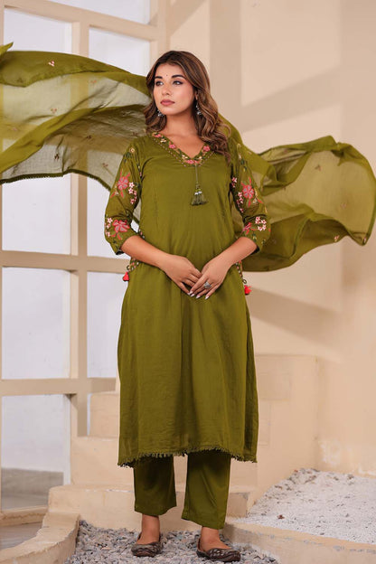 Mehandi Fabric Mall Cotton Kurti Plazo Dupatta 3Pcs Set