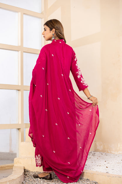 M Pink Fabric Mall Cotton Kurti Pant Dupatta 3Pcs Set