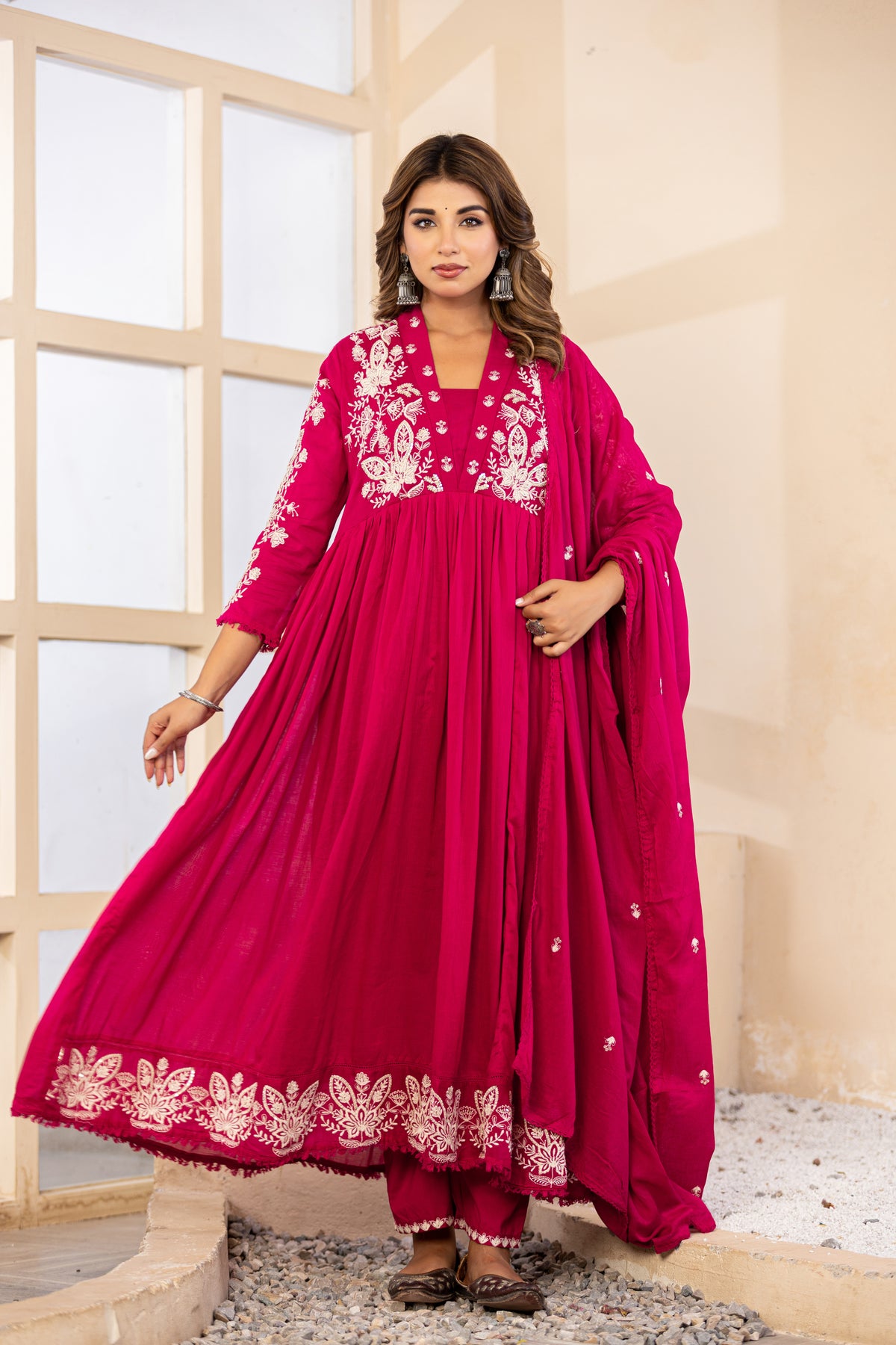 M Pink Fabric Mall Cotton Kurti Pant Dupatta 3Pcs Set