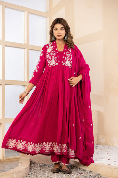 M Pink Fabric Mall Cotton Kurti Pant Dupatta 3Pcs Set