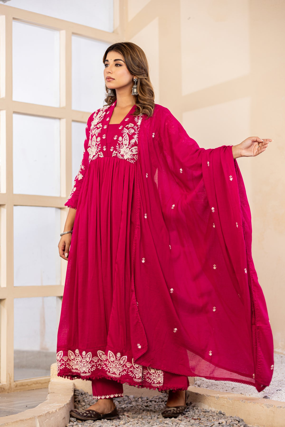 M Pink Fabric Mall Cotton Kurti Pant Dupatta 3Pcs Set