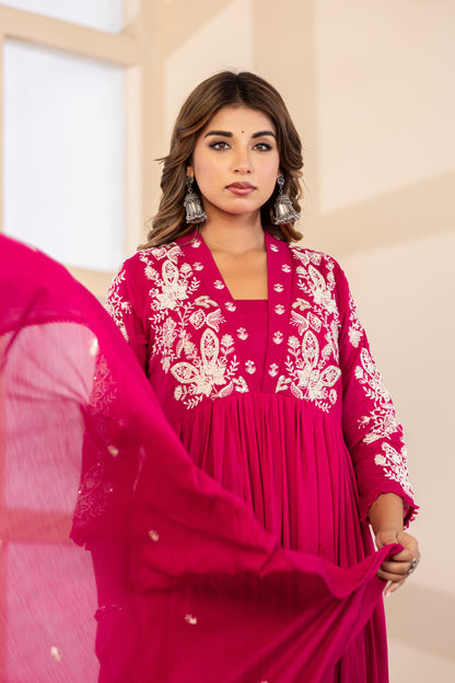 M Pink Fabric Mall Cotton Kurti Pant Dupatta 3Pcs Set