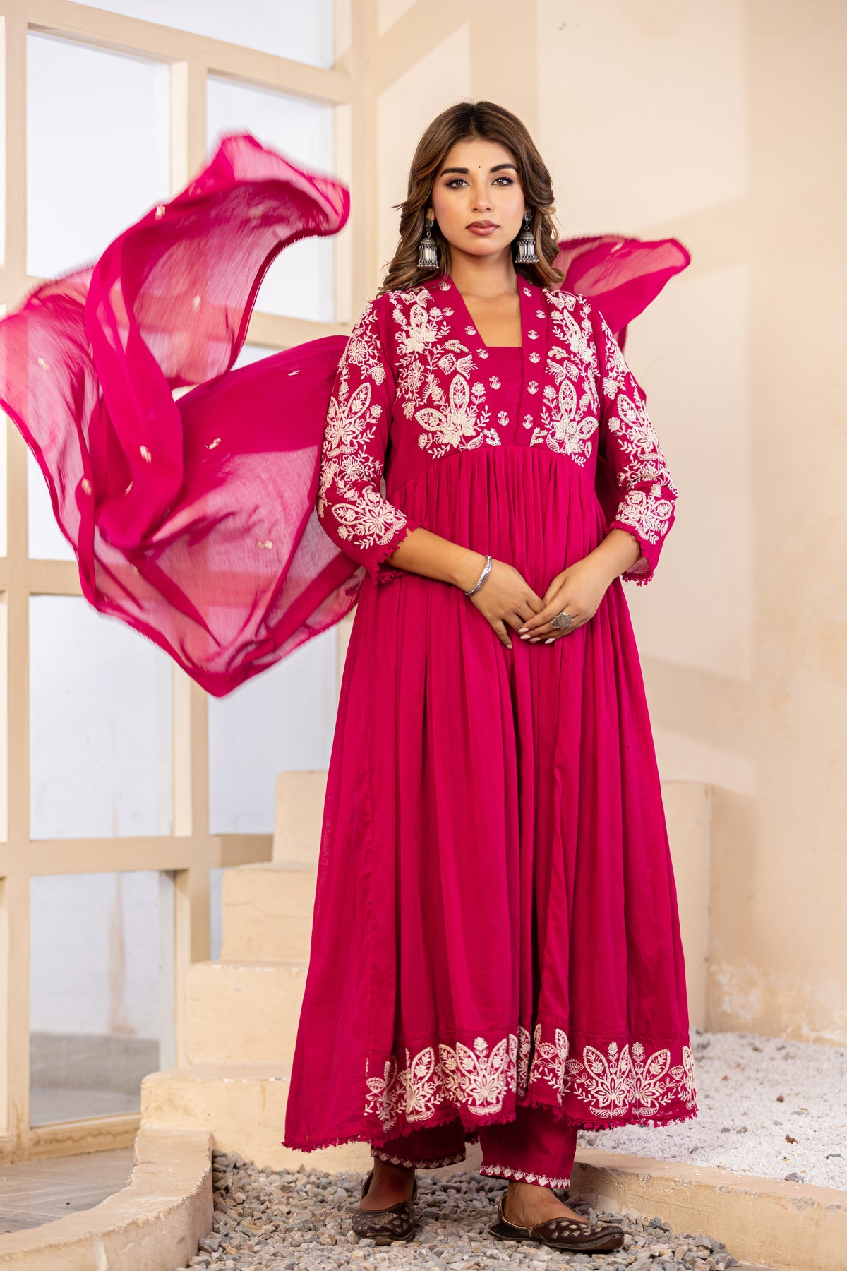 M Pink Fabric Mall Cotton Kurti Pant Dupatta 3Pcs Set