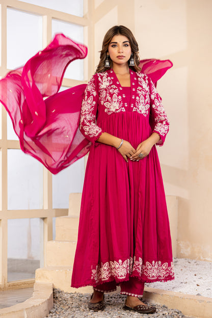 M Pink Fabric Mall Cotton Kurti Pant Dupatta 3Pcs Set
