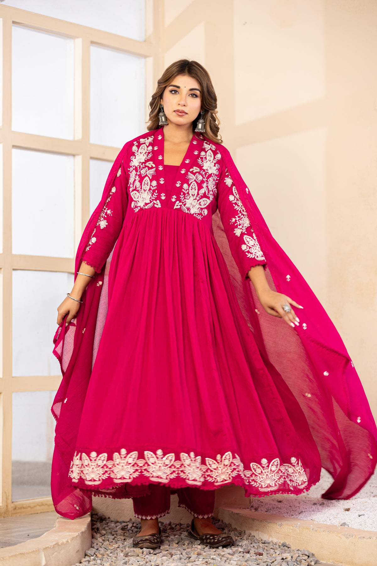 M Pink Fabric Mall Cotton Kurti Pant Dupatta 3Pcs Set