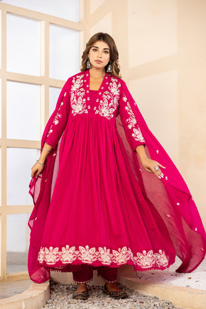 M Pink Fabric Mall Cotton Kurti Pant Dupatta 3Pcs Set