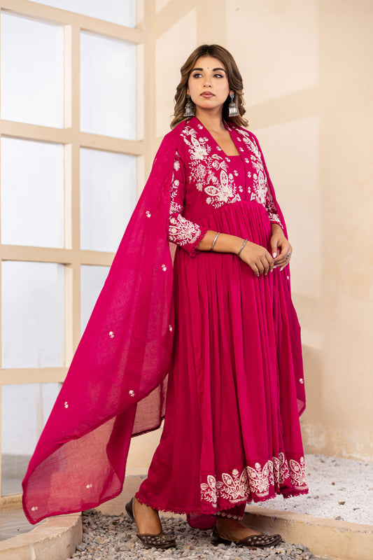 M Pink Fabric Mall Cotton Kurti Pant Dupatta 3Pcs Set