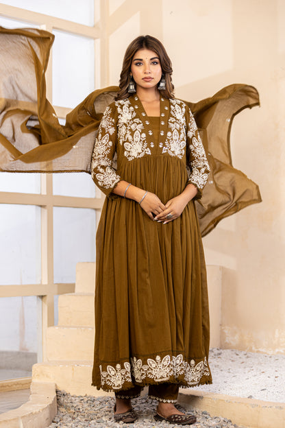 Mehandi Fabric Mall Cotton Kurti Pant Dupatta 3Pcs Set