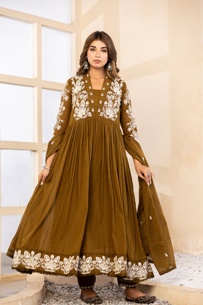 Mehandi Fabric Mall Cotton Kurti Pant Dupatta 3Pcs Set
