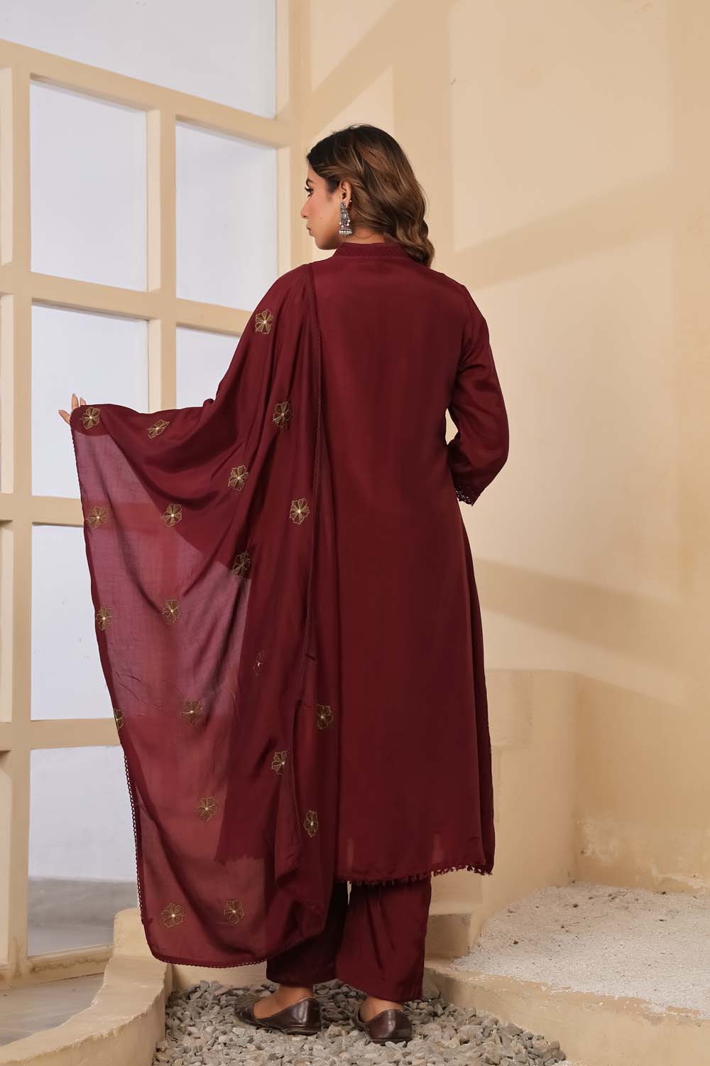 Dark Wine Fabric Mall Cotton Kurti Plazo Dupatta 3Pcs Set